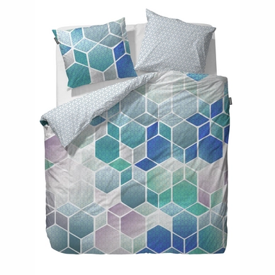 Taies d'oreiller Essenza Hexagon Blue Satin de Coton (65 x 65 cm)