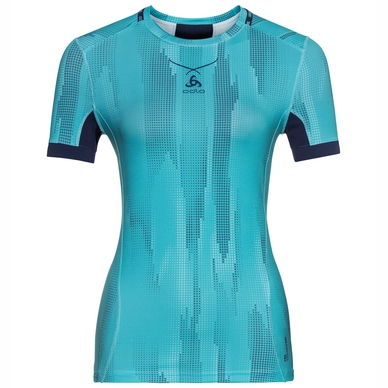 Ondershirt Odlo S/S Crew Neck Ceramicool Pro Print Women Blue Radiance Peacoat