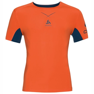Ondershirt Odlo S/S Crew Neck Ceramicool Print Men Orangeade Blue Opal