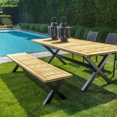 YOI-Wakai-dining-table-236x100cm-bench-aluminium-black-teak-Ishi-stackable-dining-chair-aluminium-black-rope-dark-grey-1024x683