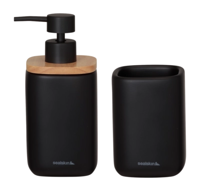 Badezimmerset Sealskin Mind Seifenspender 200 ml Zahnputzbecher Schwarz