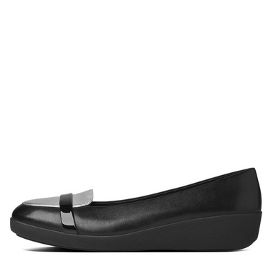 FitFlop F-Pop Loafer Leather Black Silver Mirror