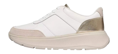 FitFlop Women F-Mode Leather/Suede/Metallic Flatform Sneakers Urban White/Platino