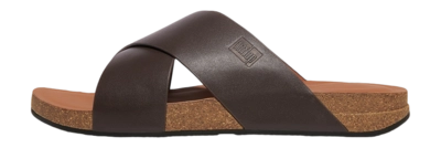 FitFlop Men iQushion Leather Cross Slides Chocolate Brown