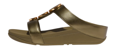 FitFlop Women Halo Bead-Circle Metallic H-Bar Slides Metallic Camo-Green