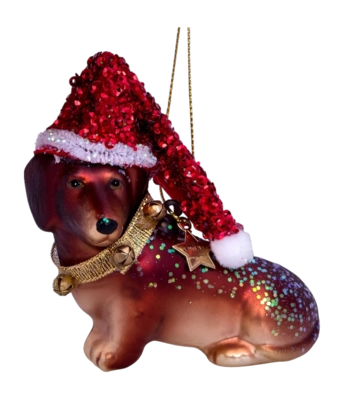 Kerstbal Vondels Ornament Glass Little Dachshund Hat 8 cm