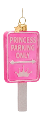 Kerstbal Vondels Ornament Glass Opal Pink Princess Parking Only Sign 11 cm
