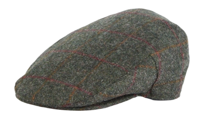 Cap Barbour Men Crieff Flat Cap Olive Red Overcheck (7 3/8)