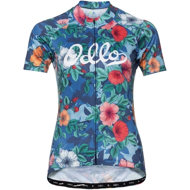 Fietsshirt Odlo Women Stand-Up Collar S/S Full Zip Element Diving Navy / Flower Print