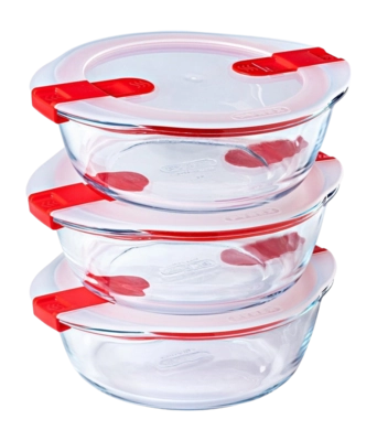 Pirofile di vetro Pyrex Cook & Heat 1 L, Set da 3 Teglie, Con coperchio microonde, Rotonde