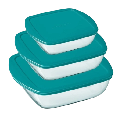 Contenitori vetro Pyrex Cook & Store, Set da 3, Con coperchio, Quadrati