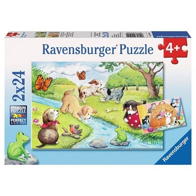 Puzzel Ravensburger Spelende Viervoeters (2 x 24 Stukjes)