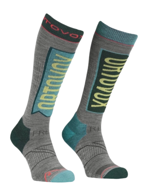 Skisok Ortovox Damen Free Ride Long Socks Grey / Yellow / Ice Waterfall