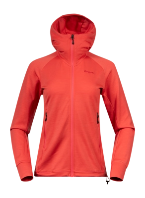 Vest Bergans Women Rabot Merino Tech Midlayer Hoodie Peachy Red Slim Fit