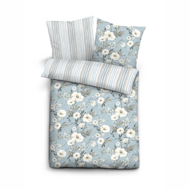 Bettwäsche Biberna Blumen-Streifen Wende Blau Jersey
