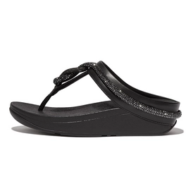 Tongs FitFlop Women Fino Crystal-Cord Leather Toe-Post Black-Taille 36