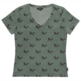 T-Shirt V-Neck SNURK Women Black Horses Green