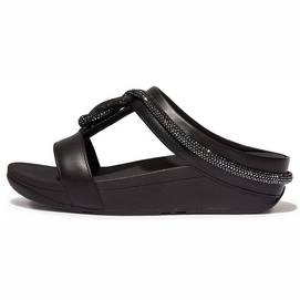 Tongs FitFlop Women Fino Crystal-Cord Leather Slides Black-Taille 36