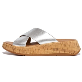 Tongs FitFlop Women F-Mode Metallic Leather Cork Flatform Silver-Taille 36