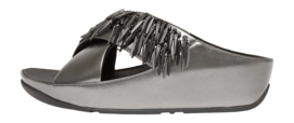 FitFlop Women Rumba Beaded Metallic Cross Slides Pewter Black