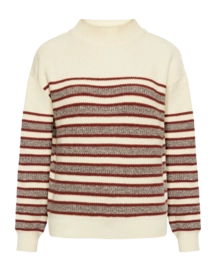 Pull Knowledge Cotton Apparel Women Lambswool Stripe Blocking Crew Neck Brown Stripe