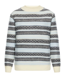 Pull Knowledge Cotton Apparel Women Lambswool Pattern Crew Neck Light Blue Stripe