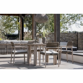 2---2023 M&L aged teak Jago chair camel belt - Lila table - Wes lamp shade pebble - Rik lounge sofa