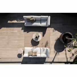 2023 M&L aged teak Rider lounge - aged teak Jago lounge chair- fibre Vidor coffee table linen - crochette pouffe moss - face to face