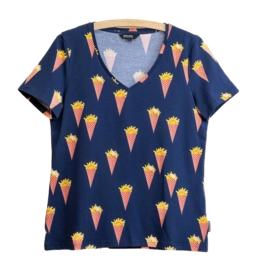 T-Shirt V-Neck SNURK Fries Navy Damen Blau