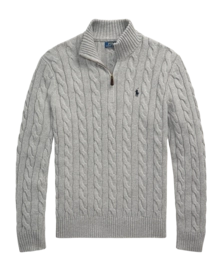 Sweater Ralph Lauren Men Cable Knit Cotton Quarter Zip Fawn Grey Heather