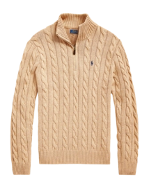Pull Ralph Lauren Homme Cable Knit Cotton Quarter Zip Camel Melange
