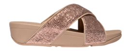 Slipper FitFlop Lulu Crinkled-Shimmer Cross Slides Damen Metallic Classic Beige