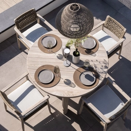 3---2023 M&L aged teak Jago chair camel belt - Lila table - Wes lamp shade pebble