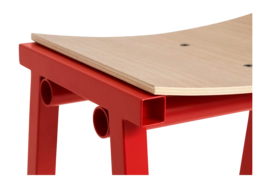 3---AE437-A406_Taburete 8 Bar Stool H75 wb lacquered oak veneer seat_signal red powder coated base_detail 01
