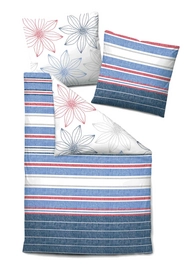 Bettwäsche Biberna Flower Stripe Blau Mako-Satin