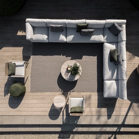 8---2023 M&L aged teak Rider lounge - aged teak Jago lounge chair- fibre Vidor coffee table linen - crochette pouffe moss