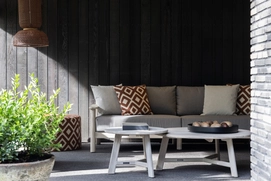 2---2024 M&L aged teak rope Chase sofa graphite M4214 - Alan coffee side table - Kyle lamp shade large brick