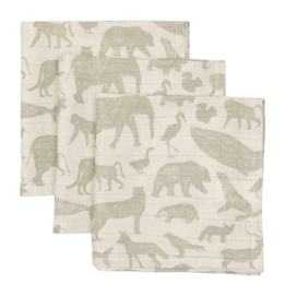 Serviettentuch Jollein Hydrofiel Mundtuch 31x31cm Animals Olive Green (3er Pack)