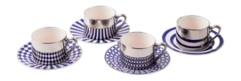 Set 4 Tazzine caffe con manico e piattini in porcellana POLSPOTTEN Aunty 90 ml, Blu scuro