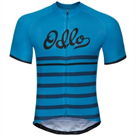 Fietsshirt Odlo Men Standup Collar S/S Full Zip Element Print Blue Jewel Retro