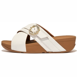 Tongs FitFlop Women Lulu Crystal-Buckle Leather Cross Slides Cream-Taille 36