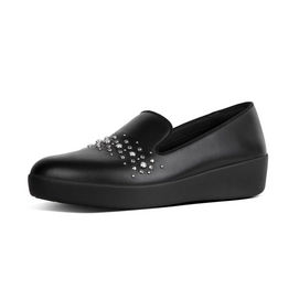 Mocassin FitFlop Audrey Pearl Stud Smoking Slippers Black