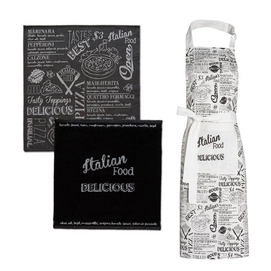 Set Tablier/Serviette/Torchon de Cusine DDDDD Italian Food Noir et Blanc