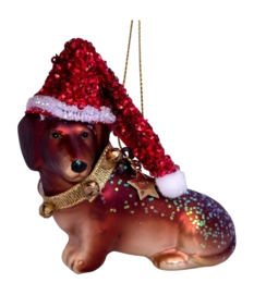 Kerstbal Vondels Ornament Glass Little Dachshund Hat 8 cm