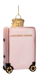 Kerstbal Vondels Ornament Glass Opal Pink Catching Flight Suitcase 10 cm