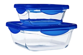 Contenitori vetro Pyrex Cook & Go, Set da 2, 0,8 / 2 L, Lunch box, Coperchio ermetico, Quadrati